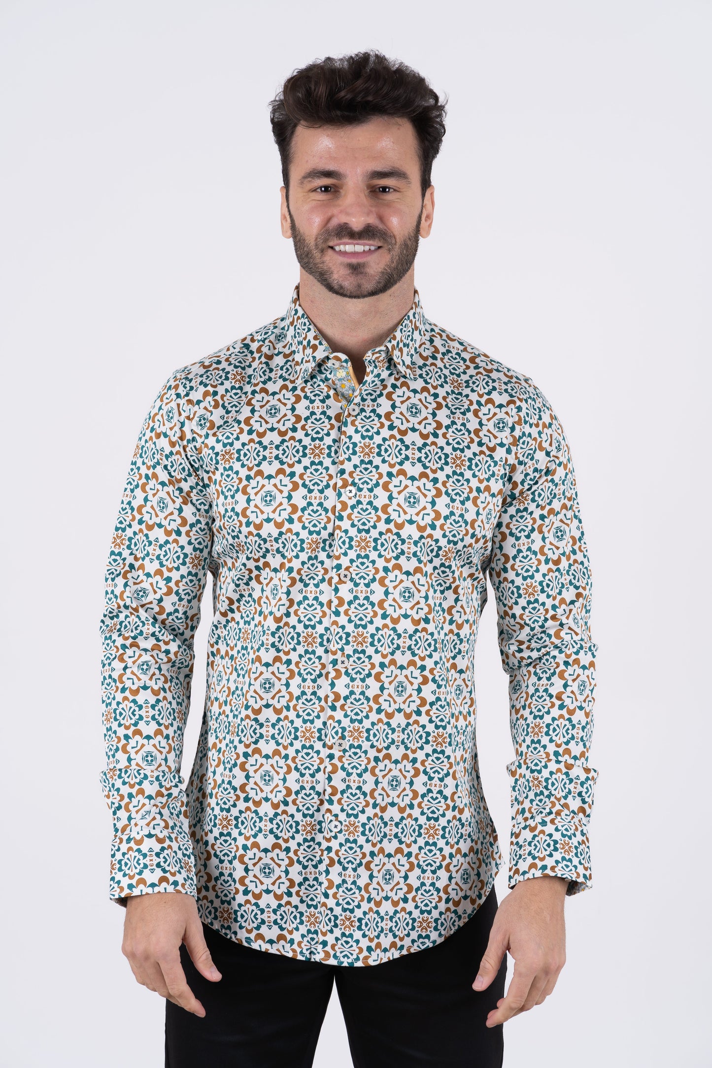 Purple Rings Print Satin Cotton/Spandex Long Sleeve Shirt