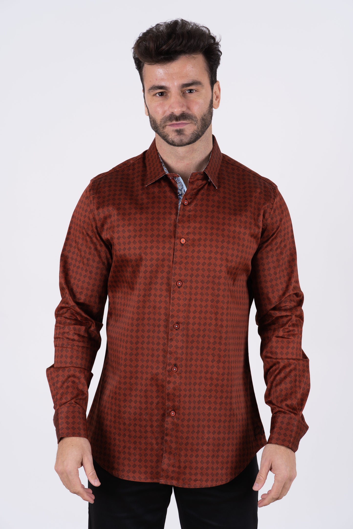 Purple Rings Print Satin Cotton/Spandex Long Sleeve Shirt