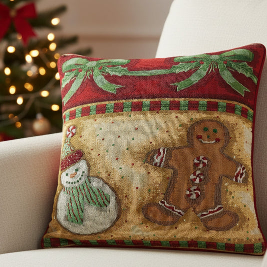 Gingerbread Snowman Woven Throw Pillow Covers 16" x 16" - Bumpkin Ranchwear
