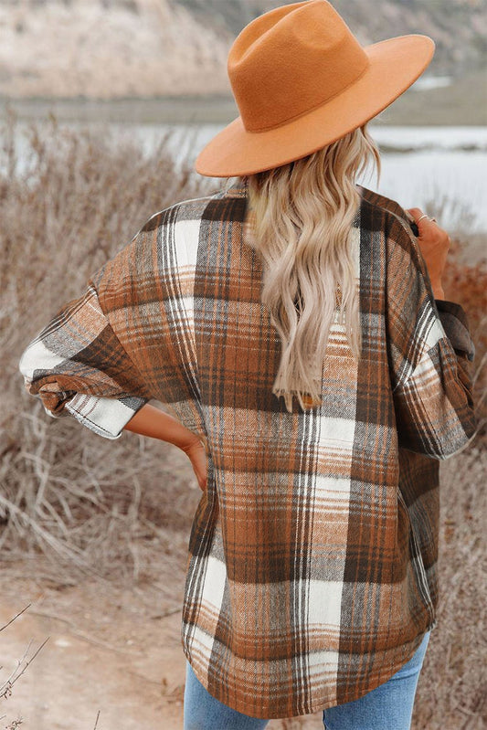 Gold Flame & Grey Plaid Button Up Collared Flannel Shacket - Bumpkin Ranchwear