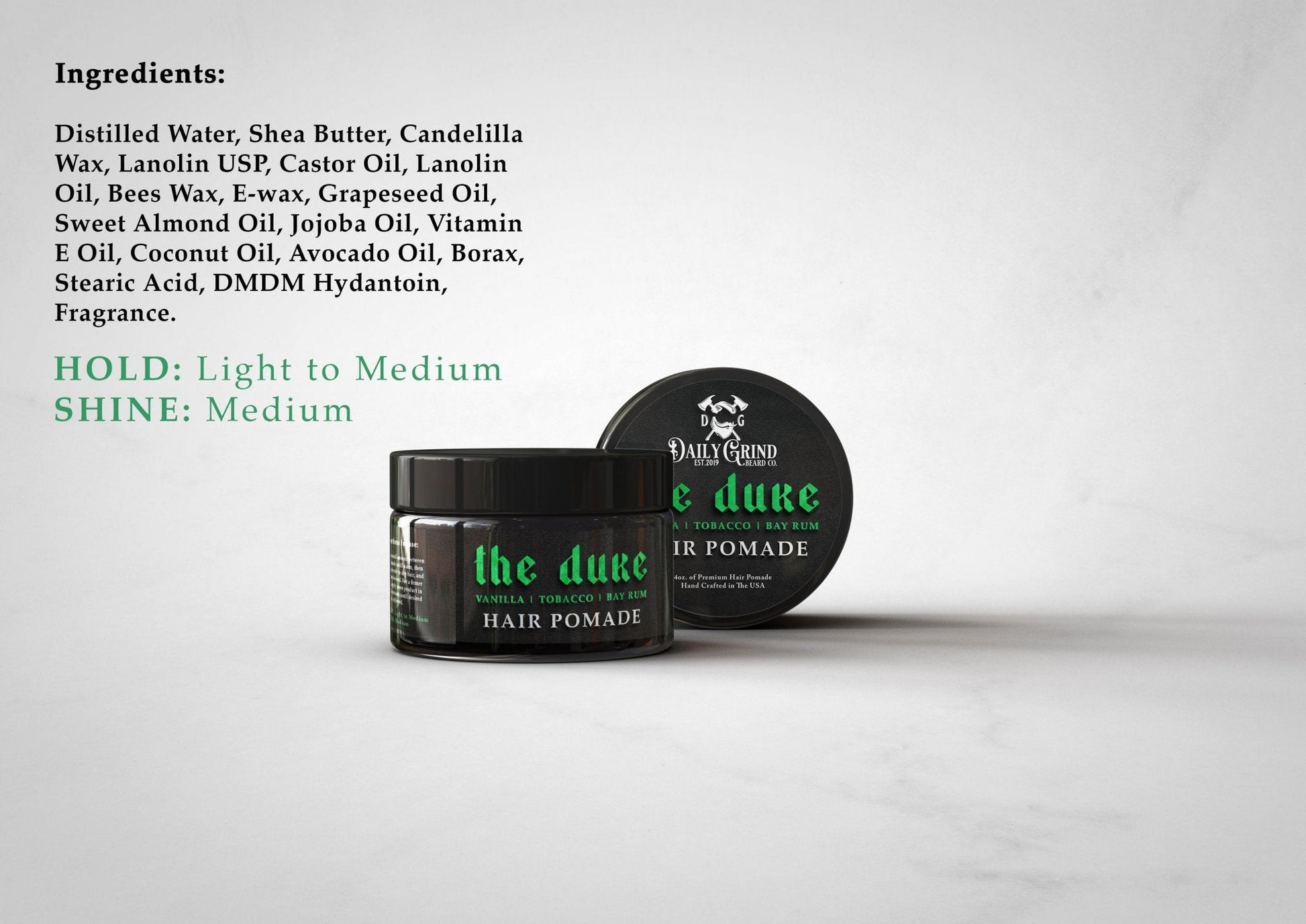Hair pomade jar and container with 'the duke' branding on a white background, featuring product ingredients and hold/shine information.