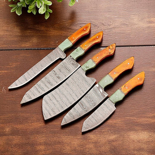 Handmade Best Damascus Knife Set with Leather Roll - Bumpkin Ranchwear