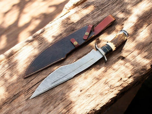 Handmade Damascus Bowie Knife with Antler Horn Handle - Bumpkin Ranchwear