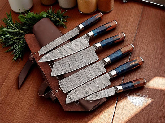 Handmade Damascus Kitchen Knives Set with Leather Roll - Bumpkin Ranchwear