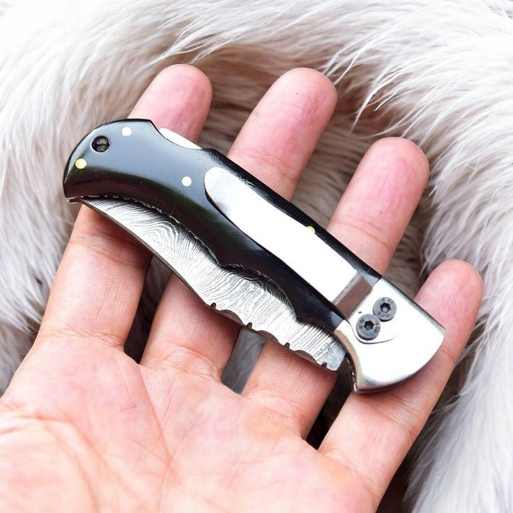 Handmade Damascus Pocket Clip Knife – Buffalo Horn Handle - Bumpkin Ranchwear