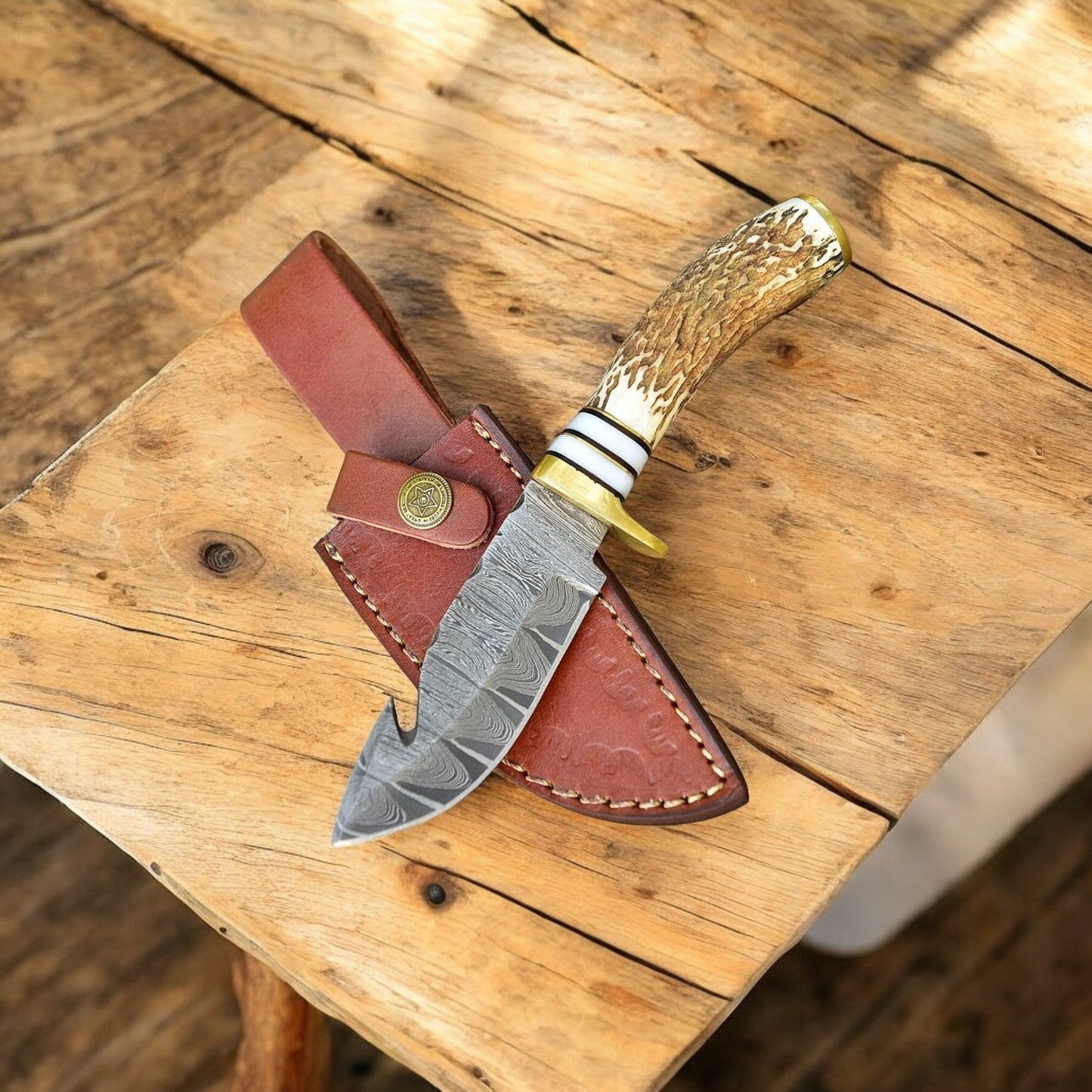 Handmade Damascus Steel Gut Hook Hunting Knife – Stag Horn Handle - Bumpkin Ranchwear