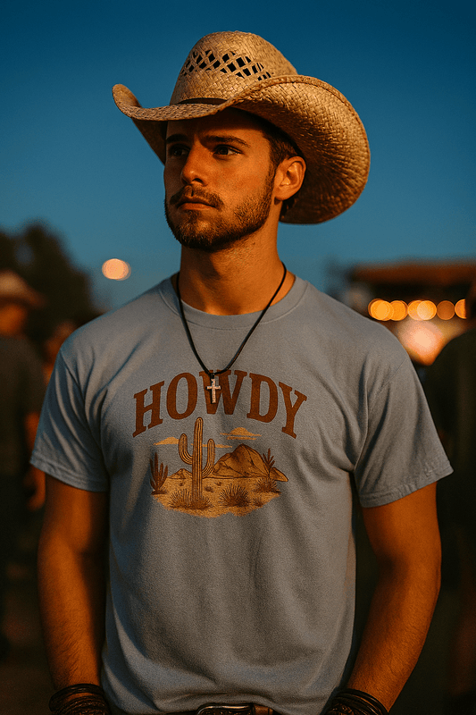HOWDY Desert Scene Graphic Tee – Western Vintage Style - Bumpkin Ranchwear