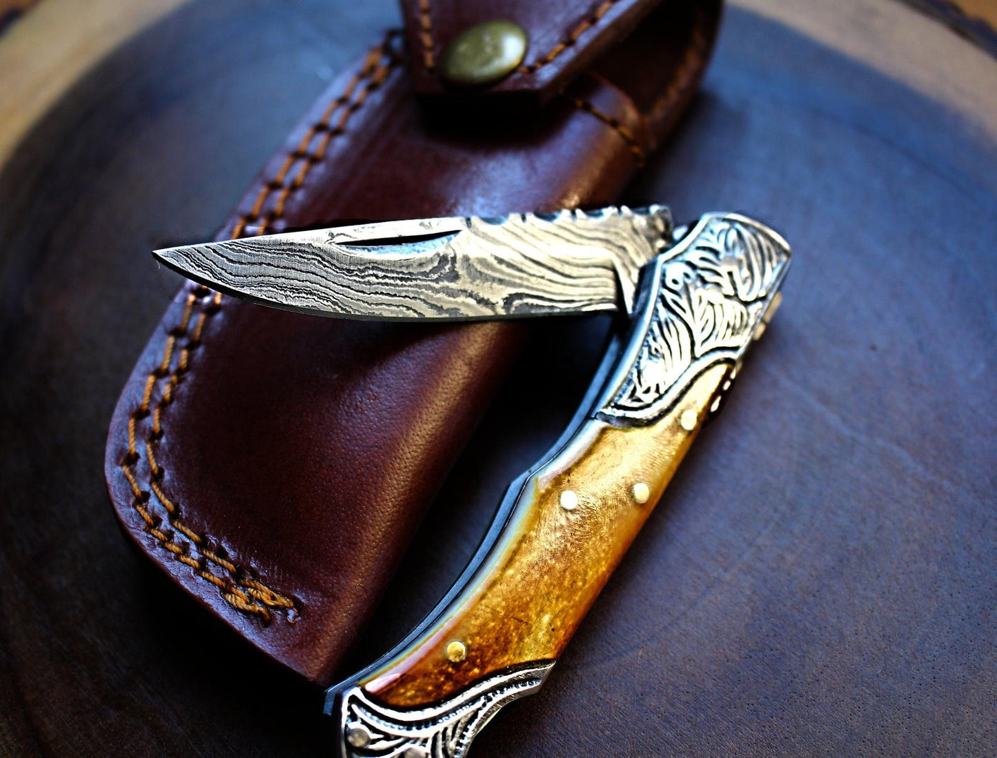 Handmade Damascus Pocket Knife with Burn Bone Handles & Steel Bolsters TF-30