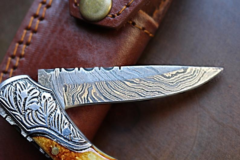 Handmade Damascus Pocket Knife with Burn Bone Handles & Steel Bolsters TF-30