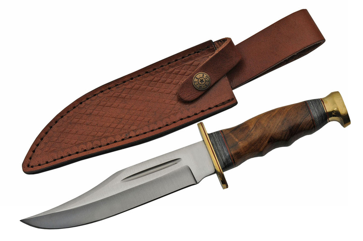 Bowie knife with walnut finger-grip handle, brass guard and leather sheath – photo 3 of 6