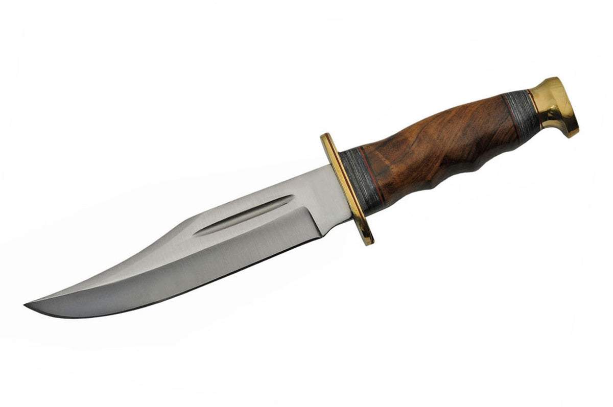 Bowie knife with walnut finger-grip handle, brass guard and leather sheath – photo 4 of 6