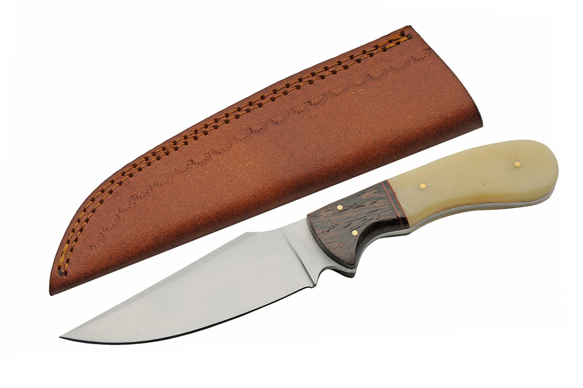 Camel bone and wood handle fixed blade hunting knife with clip point blade and leather sheath – photo 3 of 8