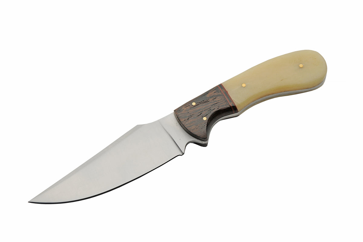 Camel bone and wood handle fixed blade hunting knife with clip point blade and leather sheath – photo 4 of 8