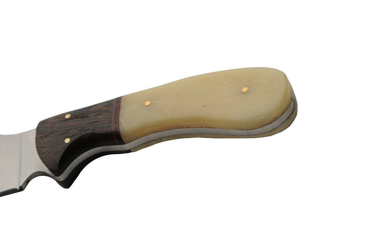 Camel bone and wood handle fixed blade hunting knife with clip point blade and leather sheath – photo 6 of 8