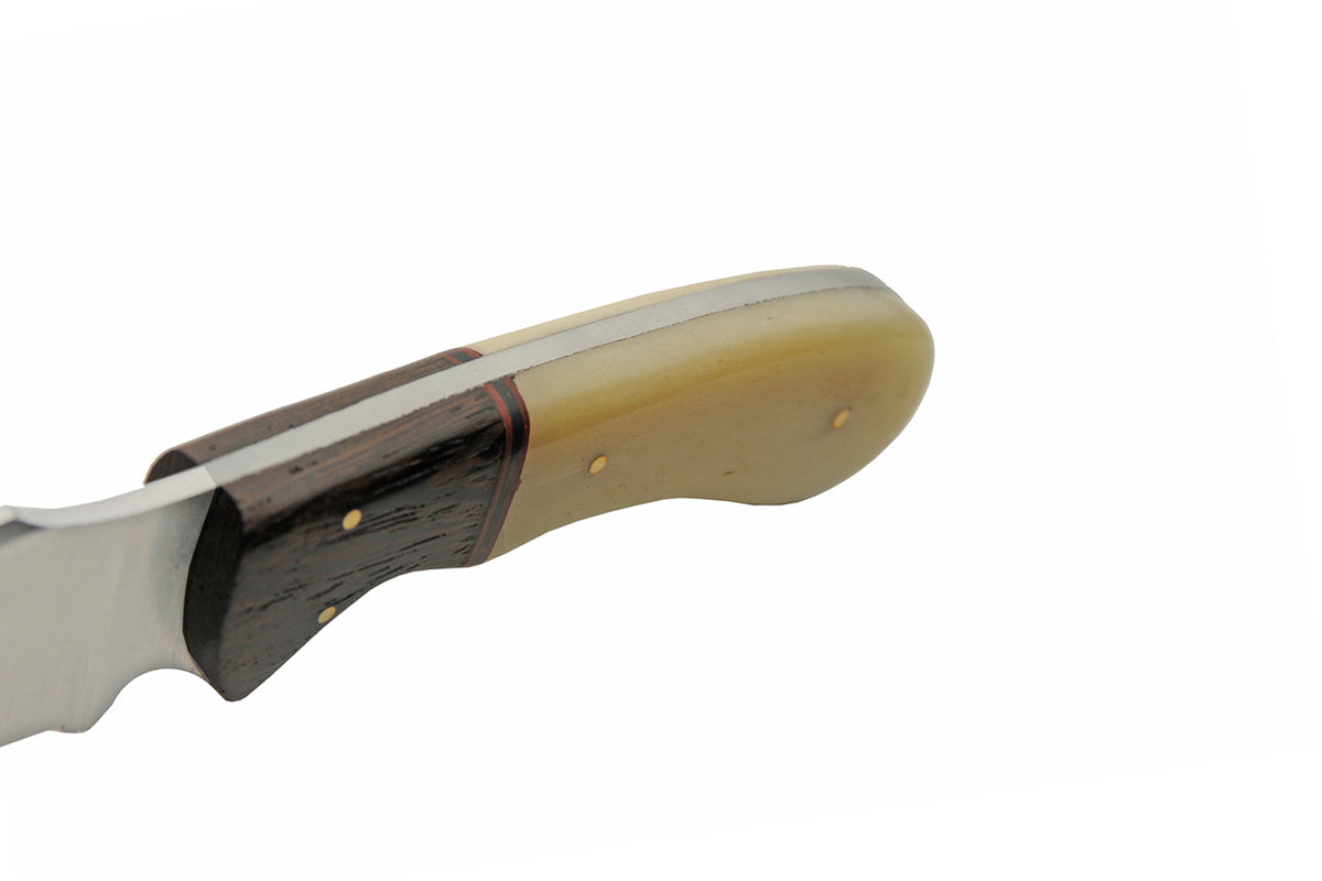 Camel bone and wood handle fixed blade hunting knife with clip point blade and leather sheath – photo 7 of 8