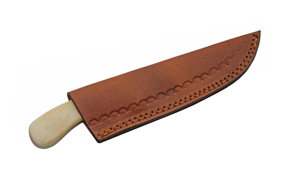 Camel bone and wood handle fixed blade hunting knife with clip point blade and leather sheath – photo 8 of 8