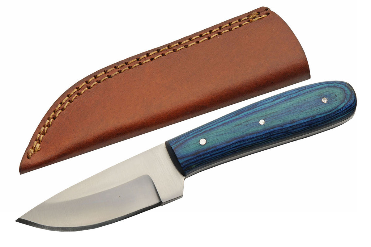 Umbra Forest skinner knife with blue wood handle and brown leather sheath – photo 3 of 8