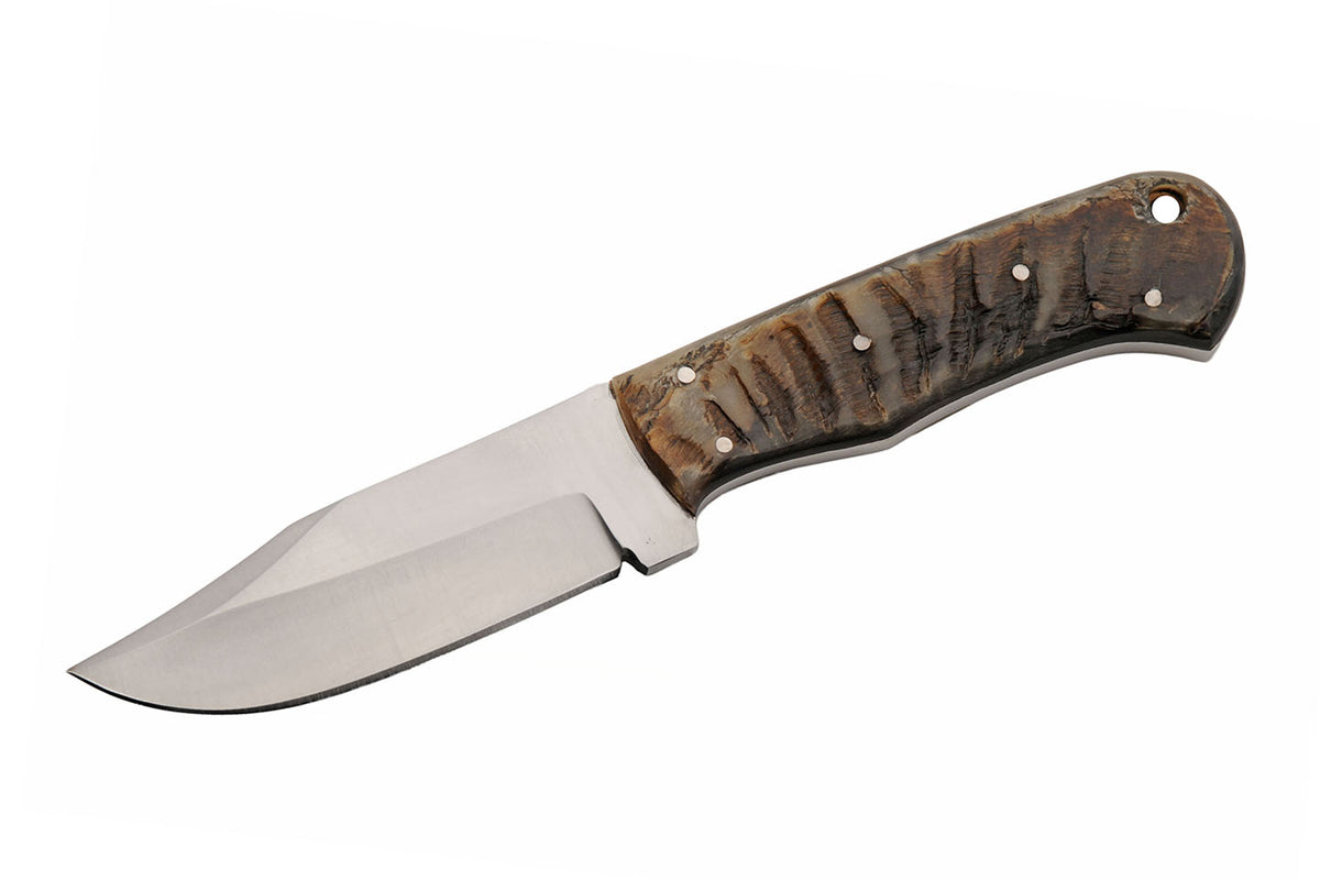 Ram's horn fixed blade hunting knife with satin clip point blade and leather sheath – photo 3 of 8
