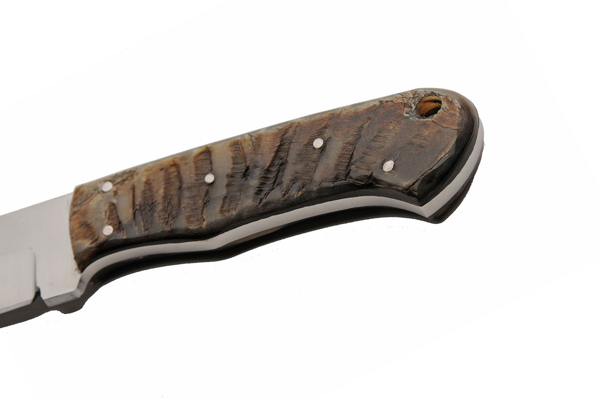 Ram's horn fixed blade hunting knife with satin clip point blade and leather sheath – photo 5 of 8