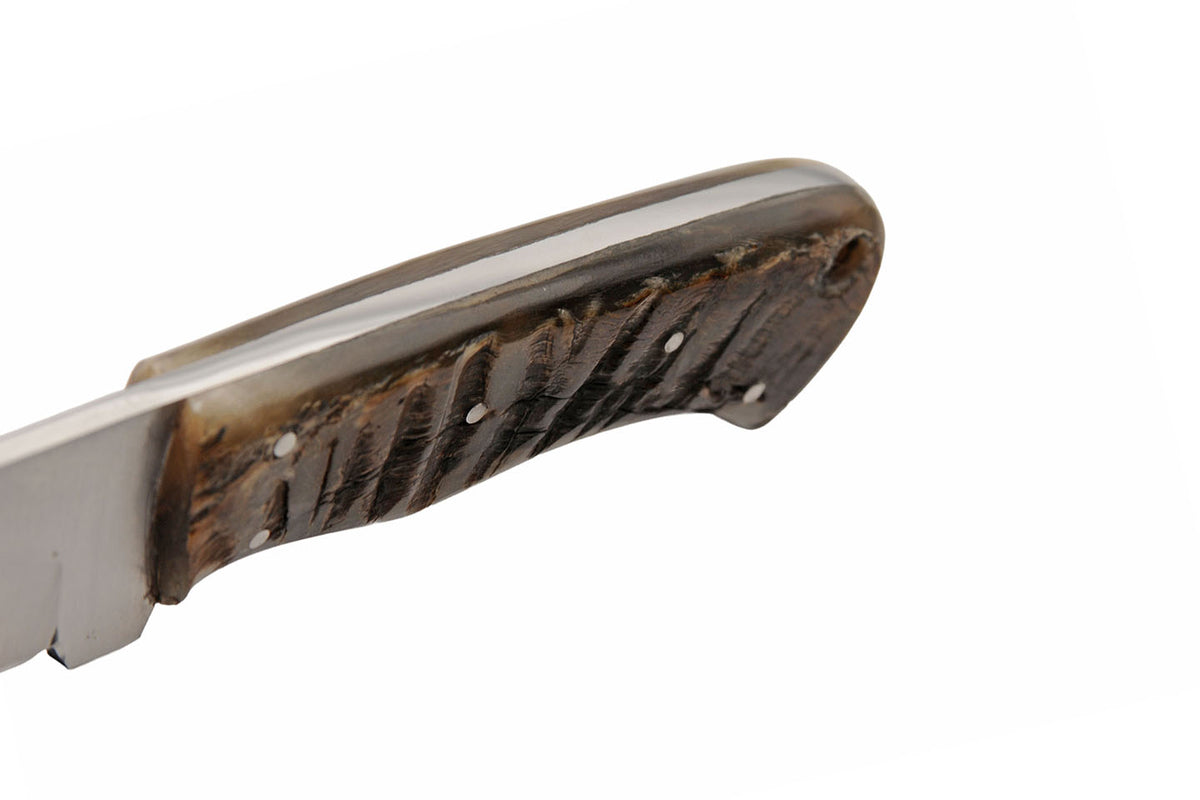 Ram's horn fixed blade hunting knife with satin clip point blade and leather sheath – photo 6 of 8