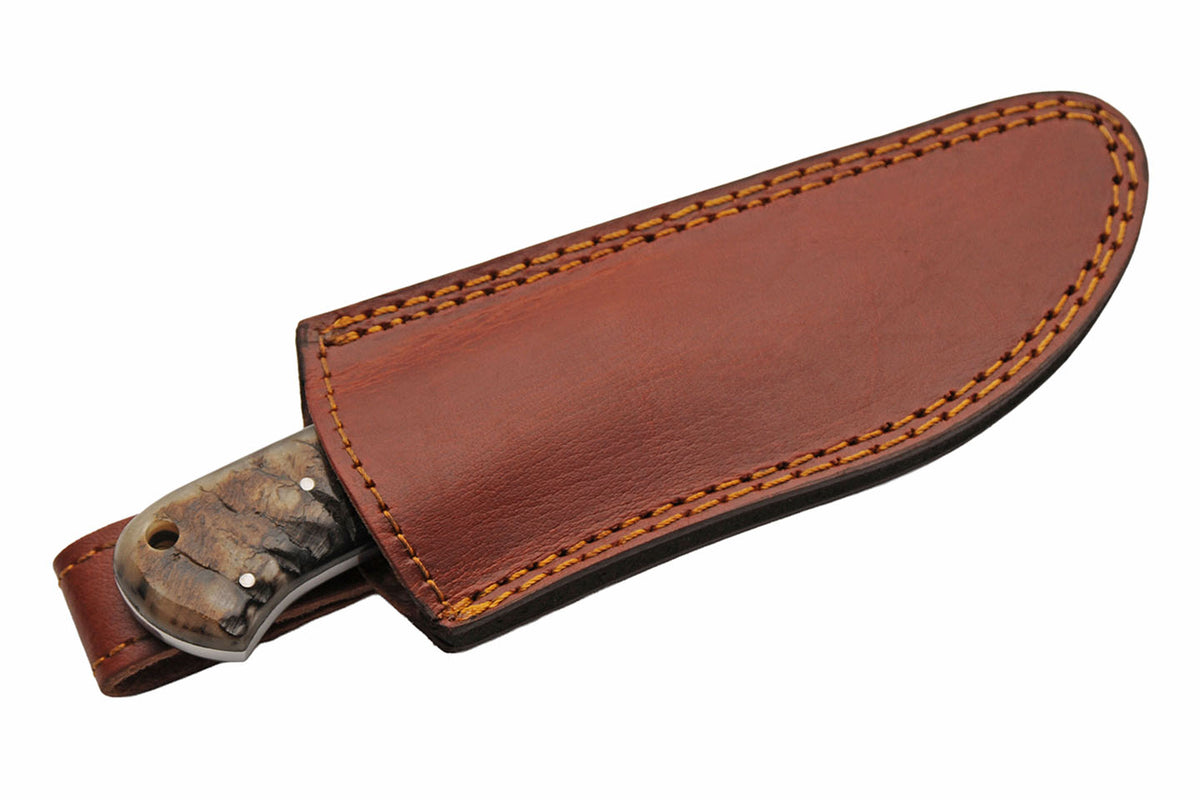 Ram's horn fixed blade hunting knife with satin clip point blade and leather sheath – photo 7 of 8