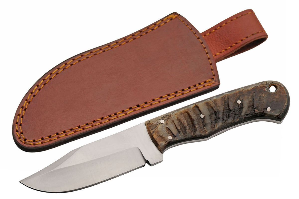 Ram's horn fixed blade hunting knife with satin clip point blade and leather sheath – photo 8 of 8
