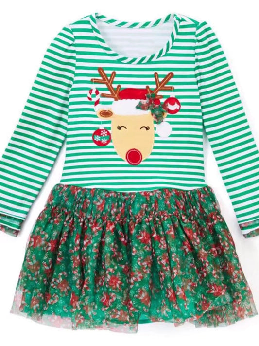 Kid's Christmas Reindeer Applique Striped Long Sleeve Dress - Bumpkin Ranchwear