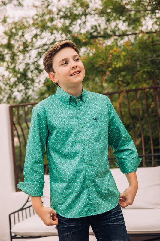 Kid's Cotton Green Monogram Digital Print Dress Shirt - Bumpkin Ranchwear