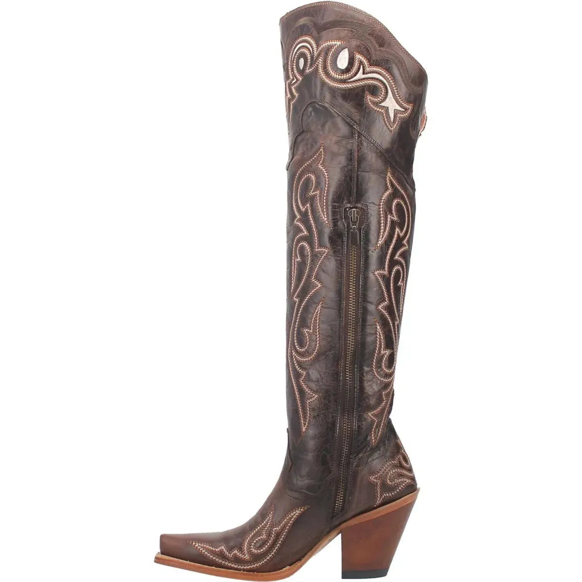 Brown cowboy boot with intricate white embroidery on a white background