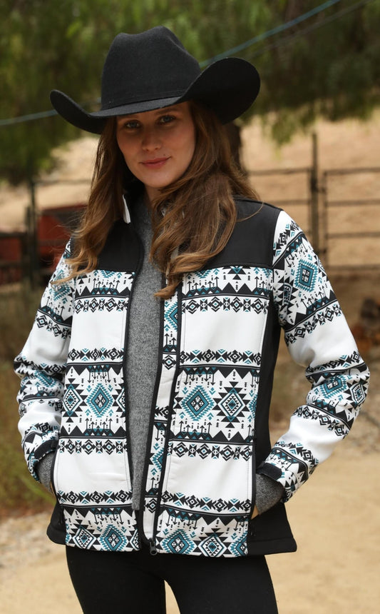 Ladies Softshell Water - Resistant Black And White Western Wear Jacket - Bumpkin Ranchwear