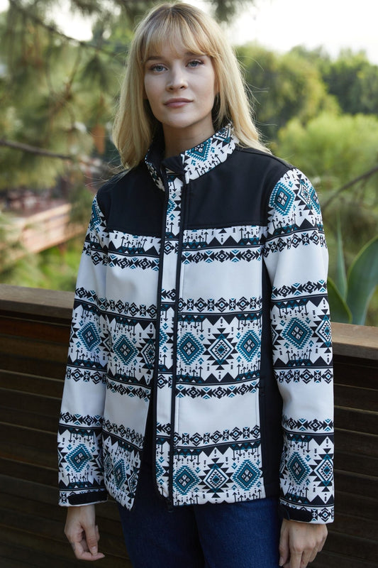 Ladies Softshell Water - Resistant Black And White Western Wear Jacket - Bumpkin Ranchwear