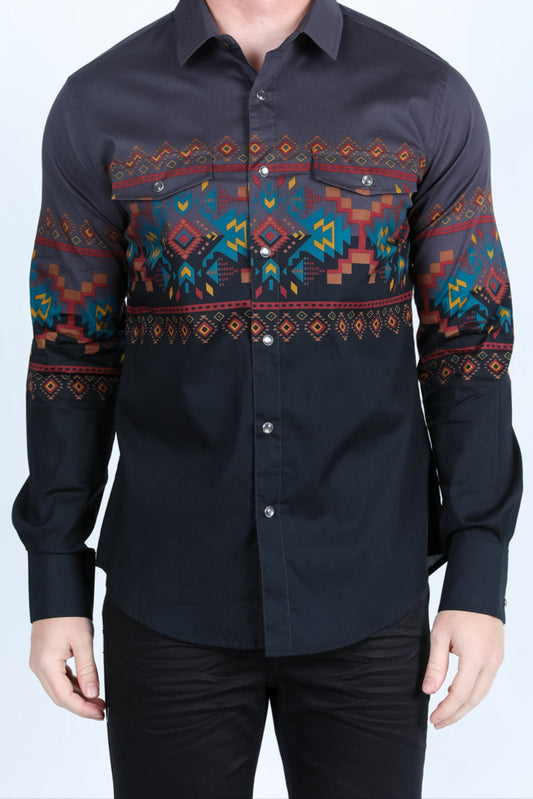 Man wearing a black shirt with colorful geometric patterns on a white background