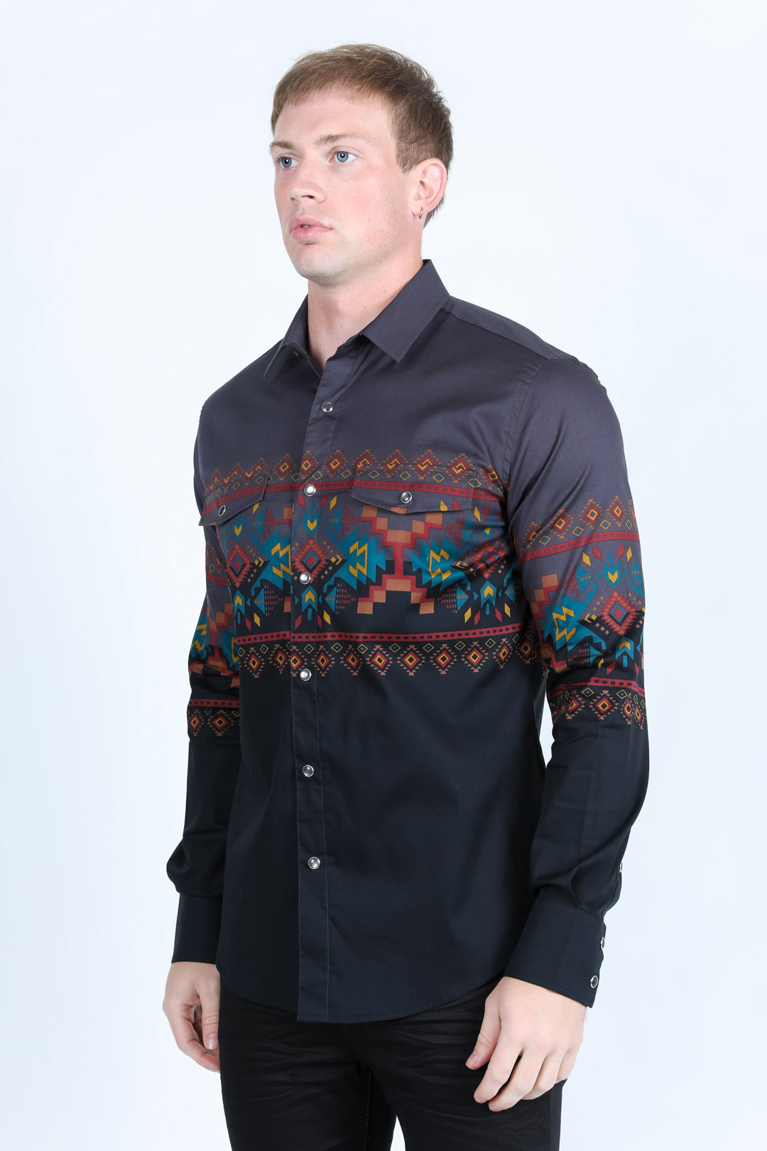 Panoramic Aztec Print Long Sleeve Shirt - Black