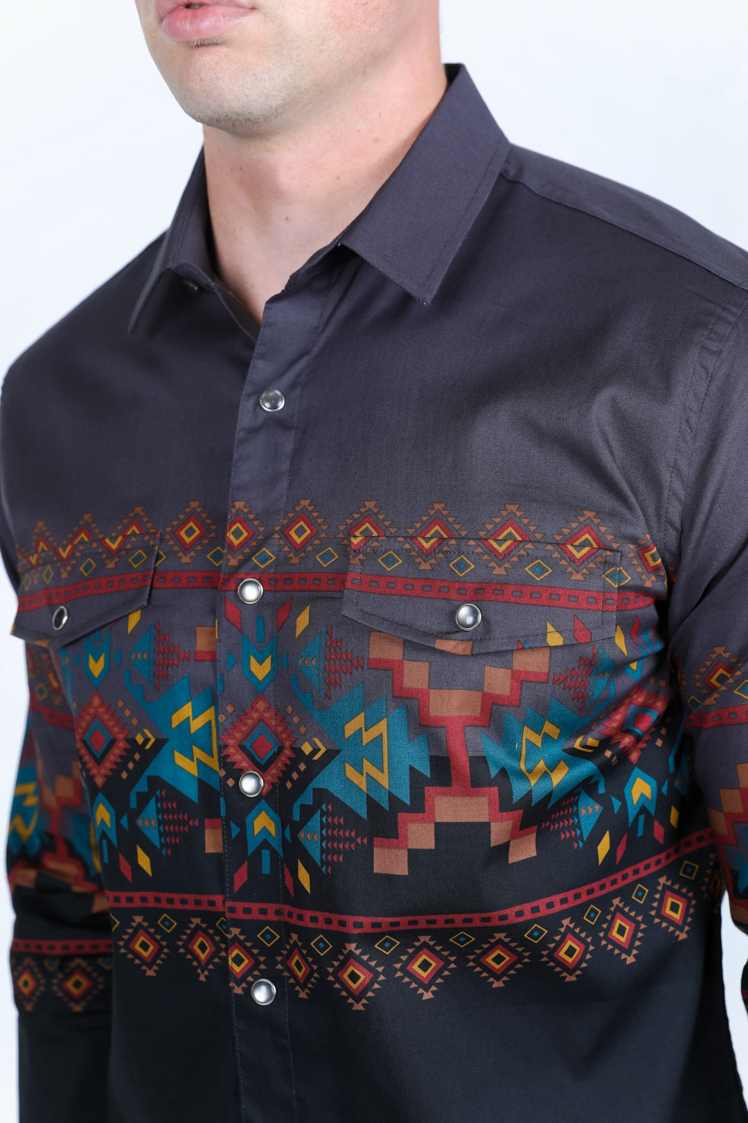 Panoramic Aztec Print Long Sleeve Shirt - Black