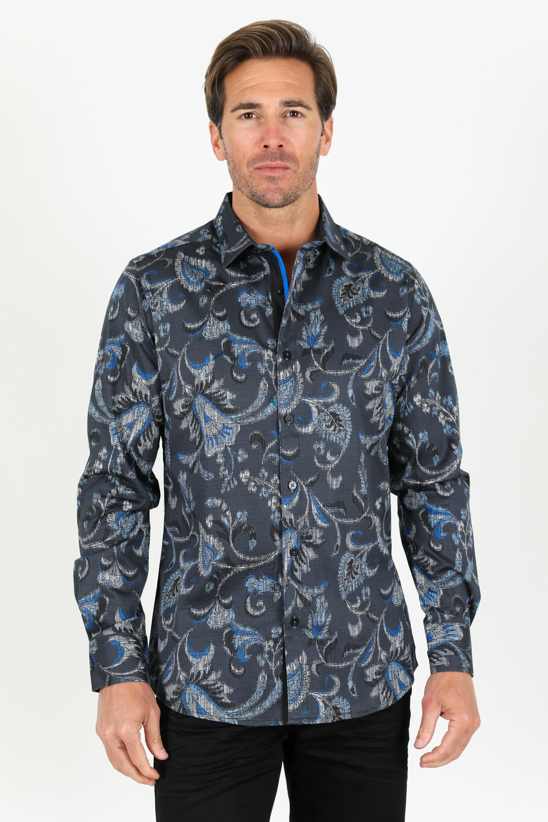 Floral Print Satin Shirt - Black