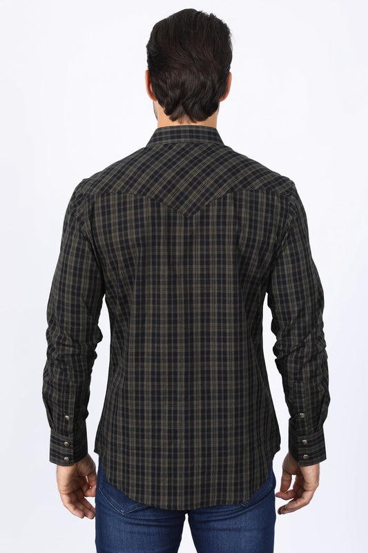 Western Checkered Black Long Sleeve Shirts