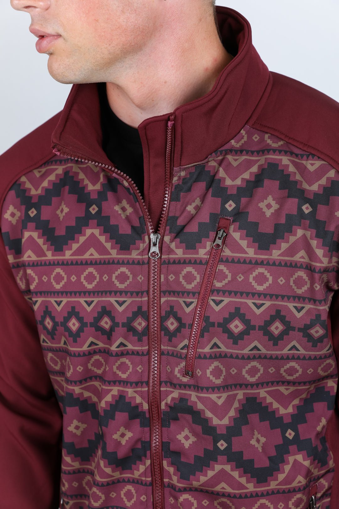Mens Aztec Softshell Water - Resistant Jacket - Burgundy - Bumpkin Ranchwear