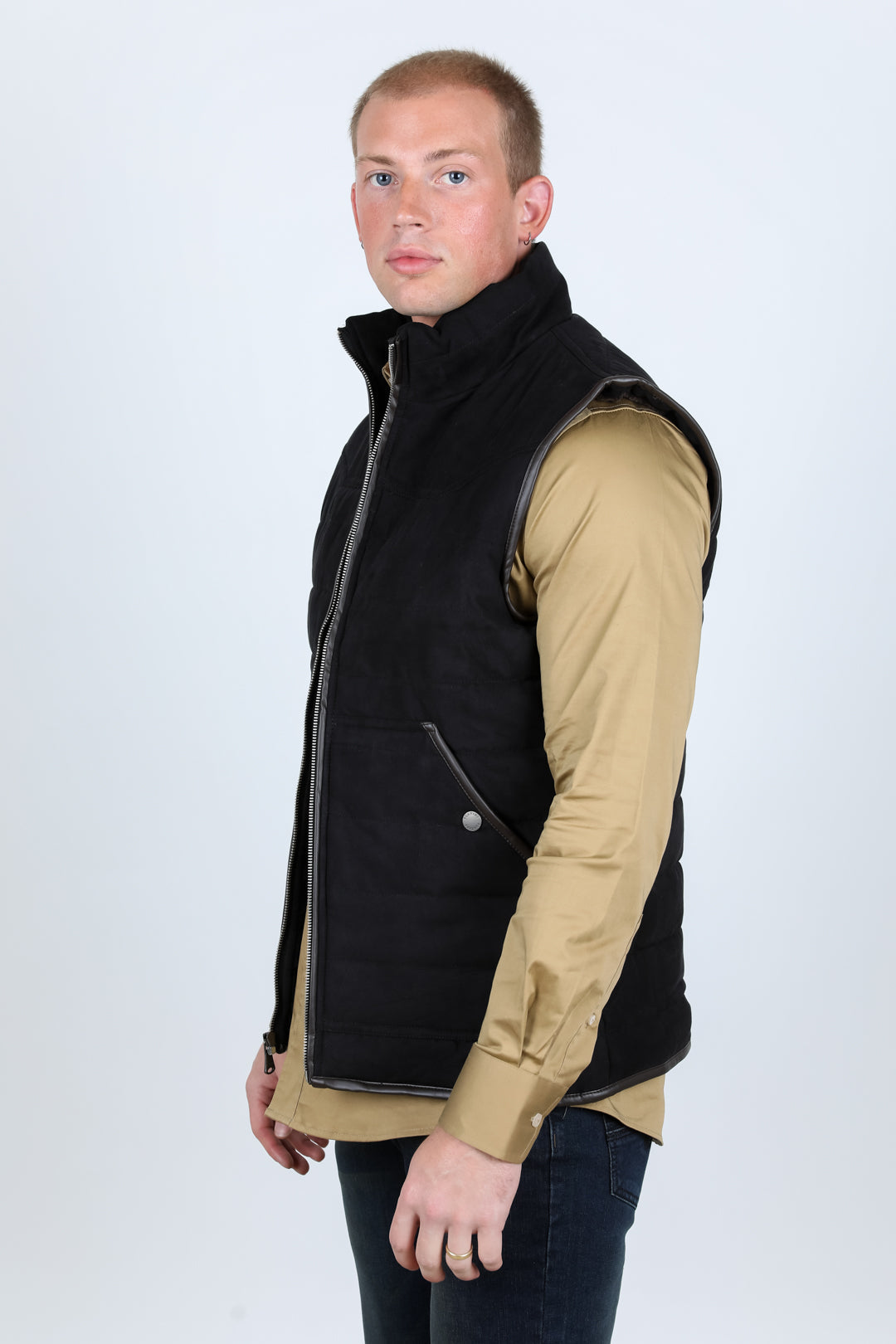 Fur Lined Quilted Faux Suede Vest - Black