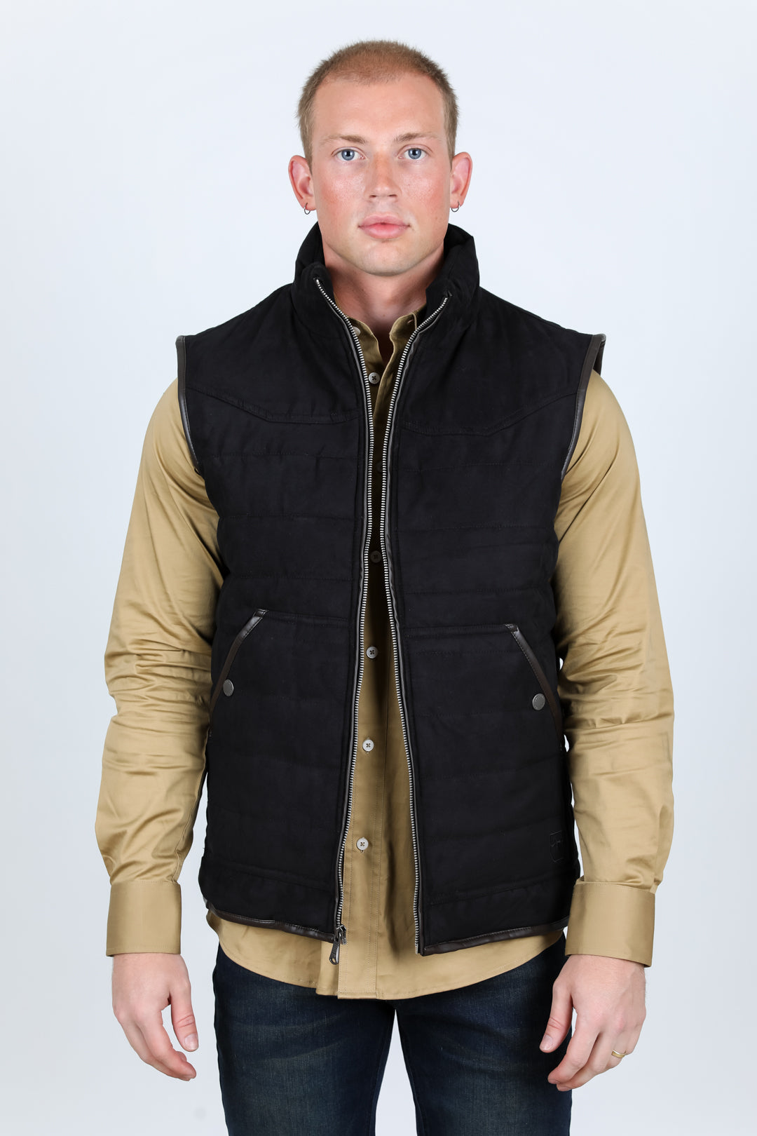Fur Lined Quilted Faux Suede Vest - Black