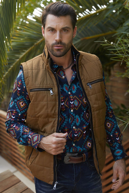 Men's Quilted Fur Lined Vest - Camel - Bumpkin Ranchwear