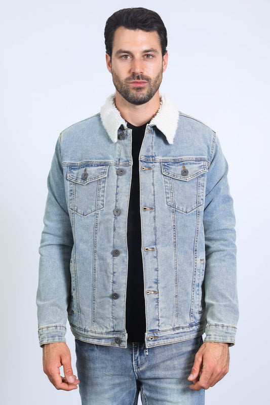 Mens Sherpa Lined Denim Jacket - Tint Blue - Bumpkin Ranchwear