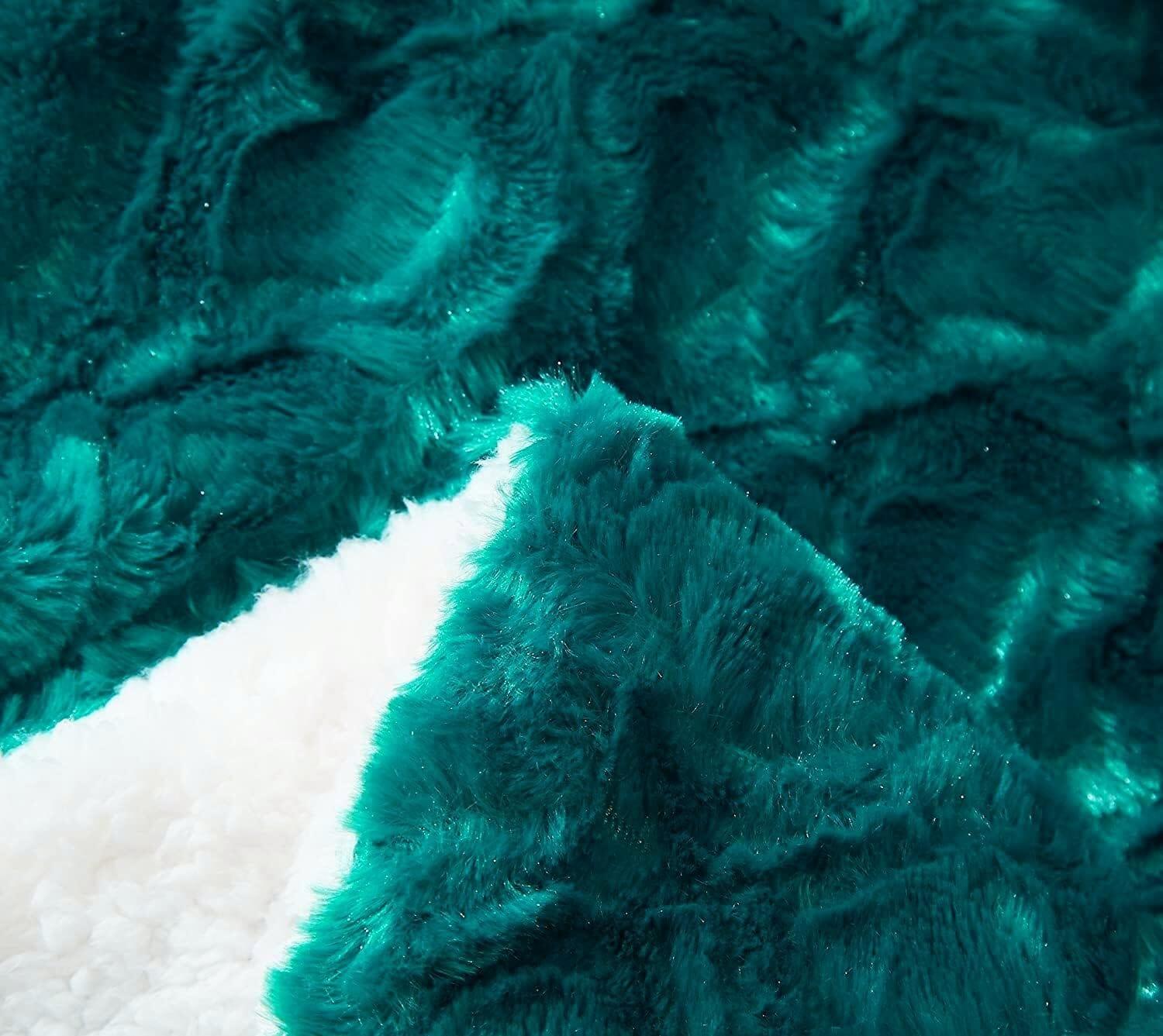 Mermaid Scales Emerald Green Blue w/ Sherpa Backside Faux Fur Throw Blanket - Bumpkin Ranchwear