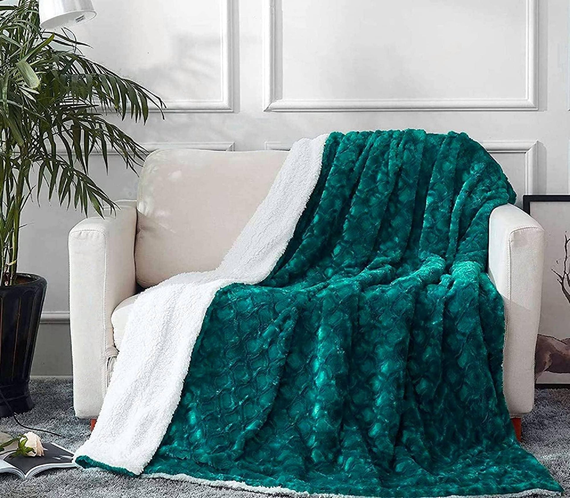 Mermaid Scales Emerald Green Blue w/ Sherpa Backside Faux Fur Throw Blanket - Bumpkin Ranchwear