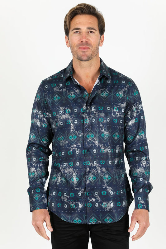 Modern Fit Stretch Foiled Shirt - Navy - Bumpkin Ranchwear