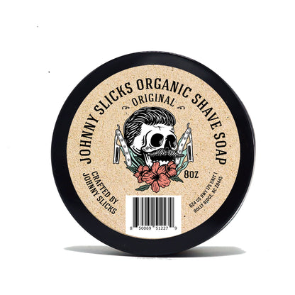 Johnny Slicks Organic Shave Soap container with label on a white background