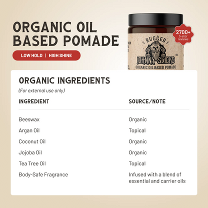 Organic oil-based pomade packaging with ingredient list on a beige background