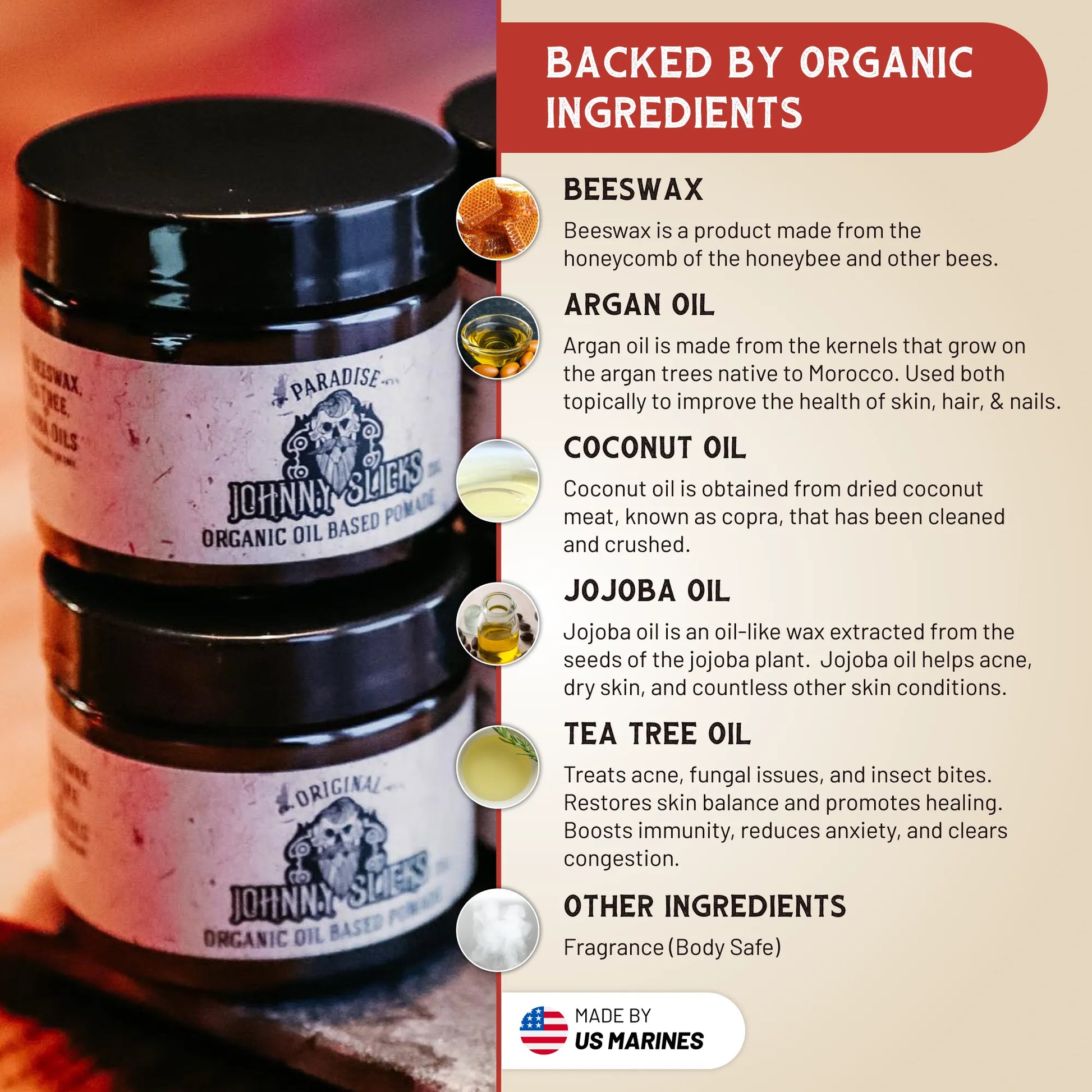 Two jars of Johnny Sliders organic oil-based pomade with a list of ingredients on a textured background.
