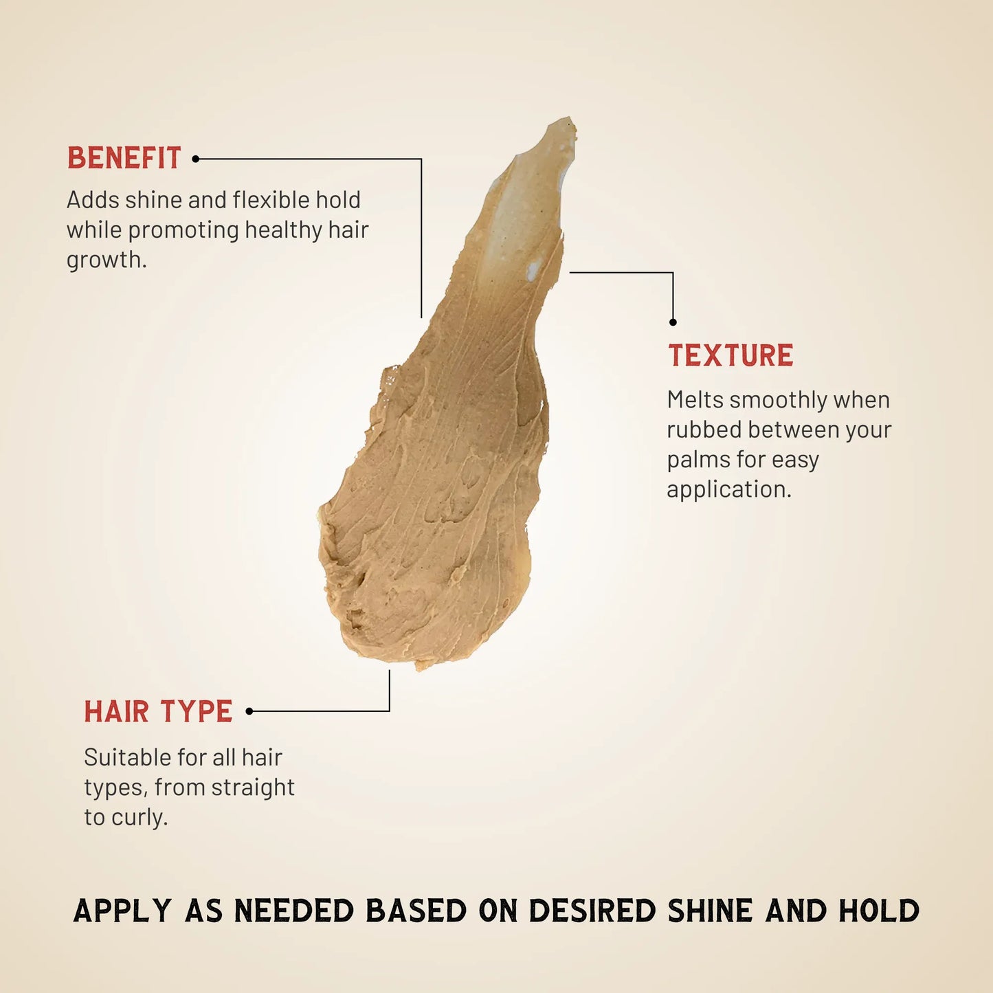Product description with texture and benefits on a beige background
