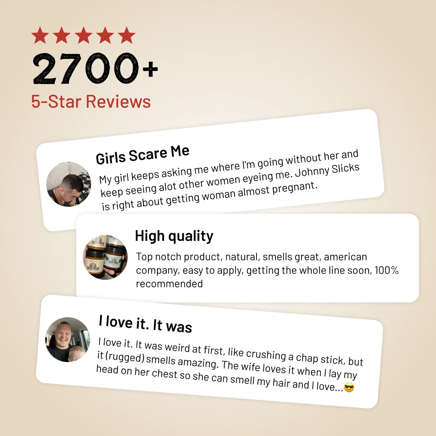 Five-star review section with user comments on a beige background