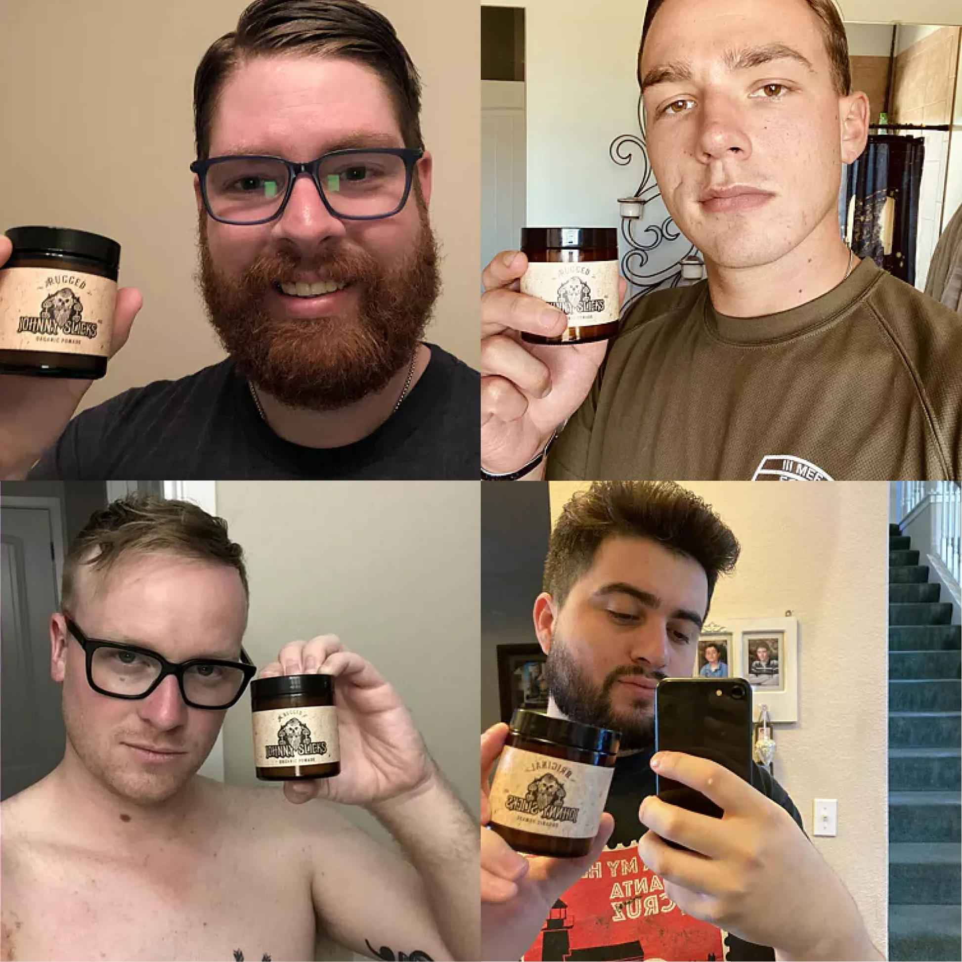 Four men holding a jar of Bubba Rose hair product in various settings.